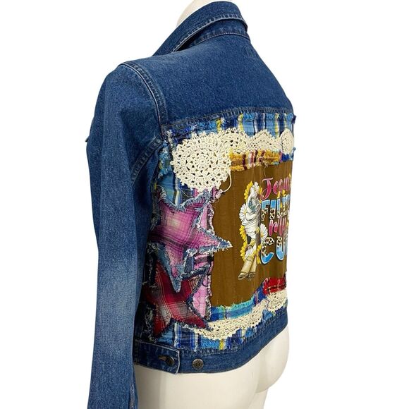 Upcycled Denim Jacket Womens Sz Large Christian Coffee Grunge Patchwork Folk Art - Picture 10 of 16